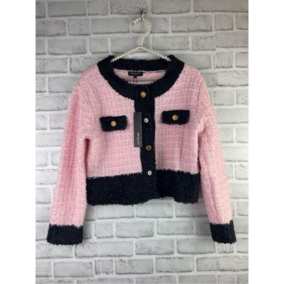NEW BEULAH FUZZY EYELASH CARDIGAN PINK & BLACK SIZE Small - Picture 1 of 6